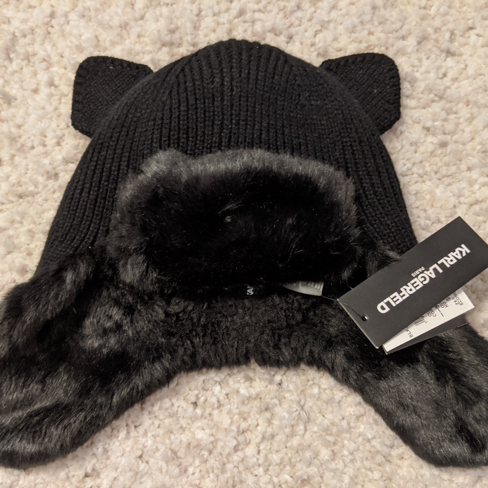 Karl Lagerfeld Black Faux Fur Cat Ears Trapper Hat
